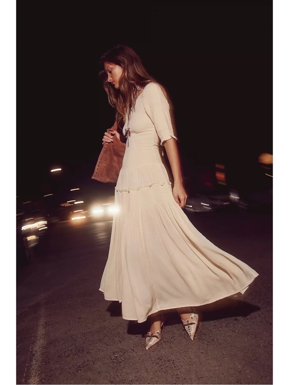 Free People Retro 90s Harlyn Smocked Classic Midi Dress Neutral Cream Small NWT